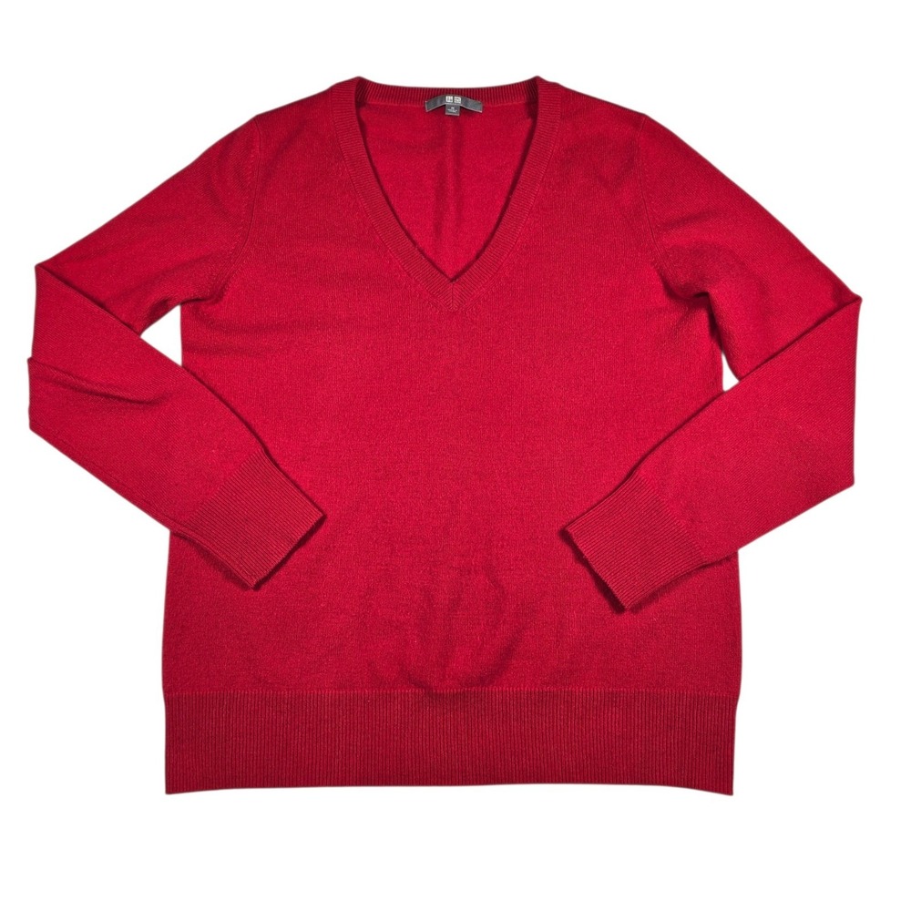 Uniqlo 100% Cashmere Bright Red V-Neck Pullover Jumper Sweater Women's Sz M